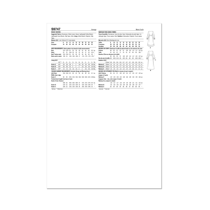 Patron Simplicity 9747.Y5 (46-54) - Dusters pour femmes en trois longueurs