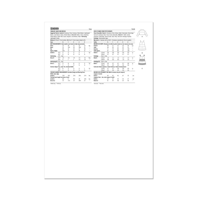 Patron Simplicity 9899.A - Veste en jean et robes à volants pour tout-petits