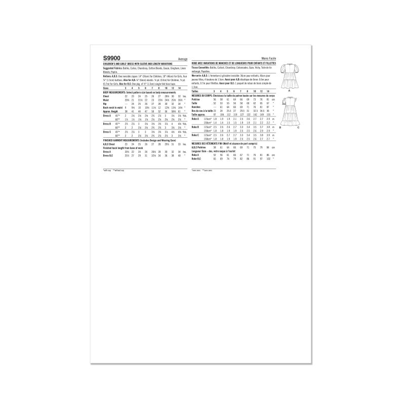 Patron Simplicity 9900.K5 (7-14) - Robe à étages pour enfants avec variations de manches et de longueur