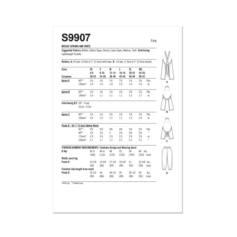 Patron Simplicity 9907.A - Tabliers et pantalons pour femmes par Elaine Heigl Designs