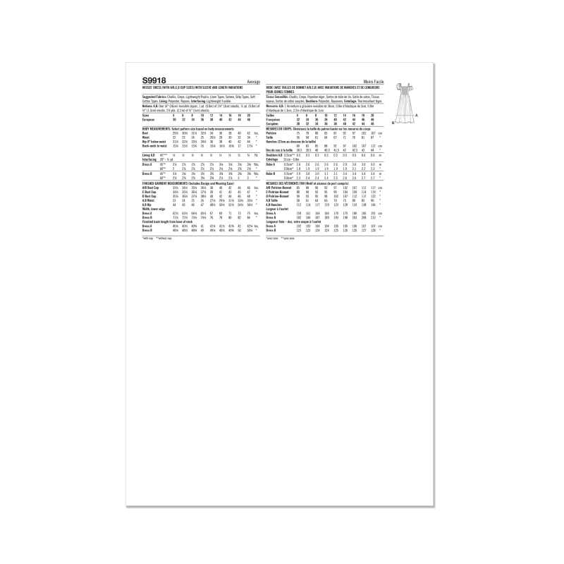 Patron Simplicity 9918.D5 (32-40) - Robe à encolure cœur avec variations de manches et de longueur