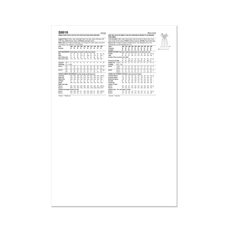 Patron Simplicity 9919.W2 (48-56) - Robe à encolure cœur avec variations de manches et de longueur