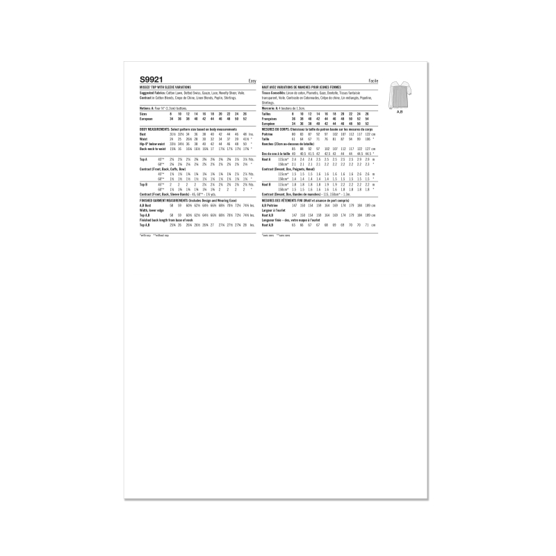 Patron Simplicity 9921.K5 (36-44) - Haut décontracté avec variations de manches