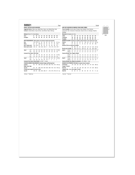 Patron Simplicity 9921.Y5 (36-44) - Haut décontracté avec variations de manches