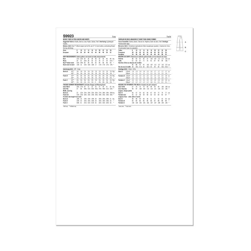 Patron Simplicity 9923.Y5 (46-54) - Pantalon et short pour femme avec poches et fermeture éclair