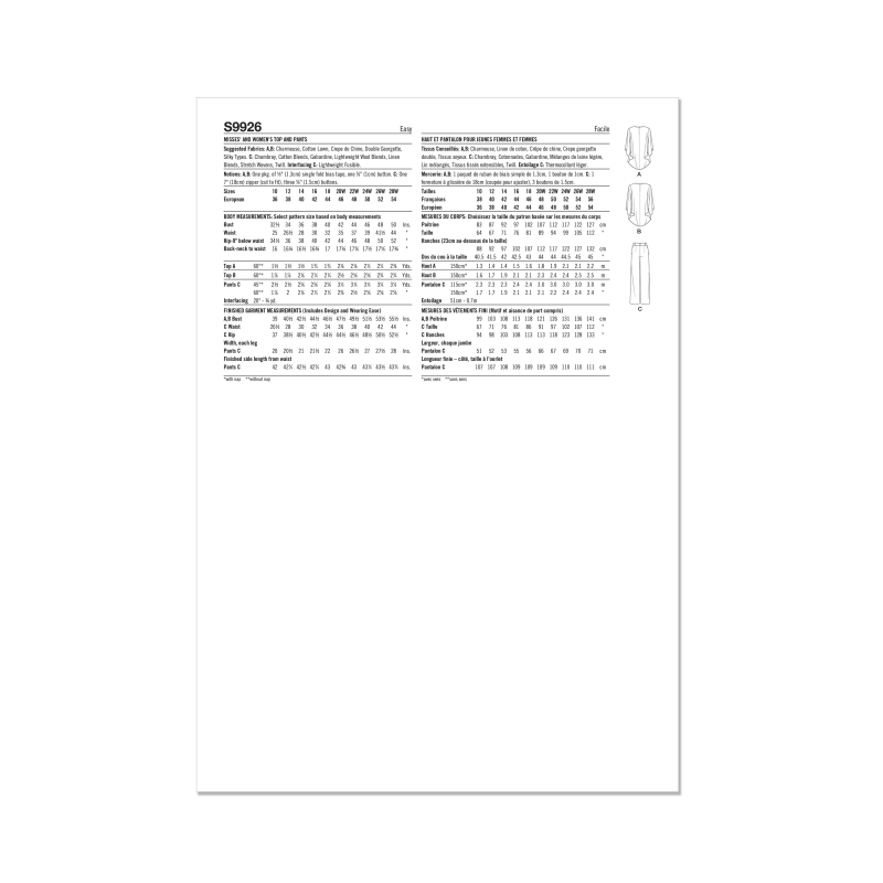 Patron Simplicity 9926.BB (48-56) - Haut ample à manches longues et pantalon large