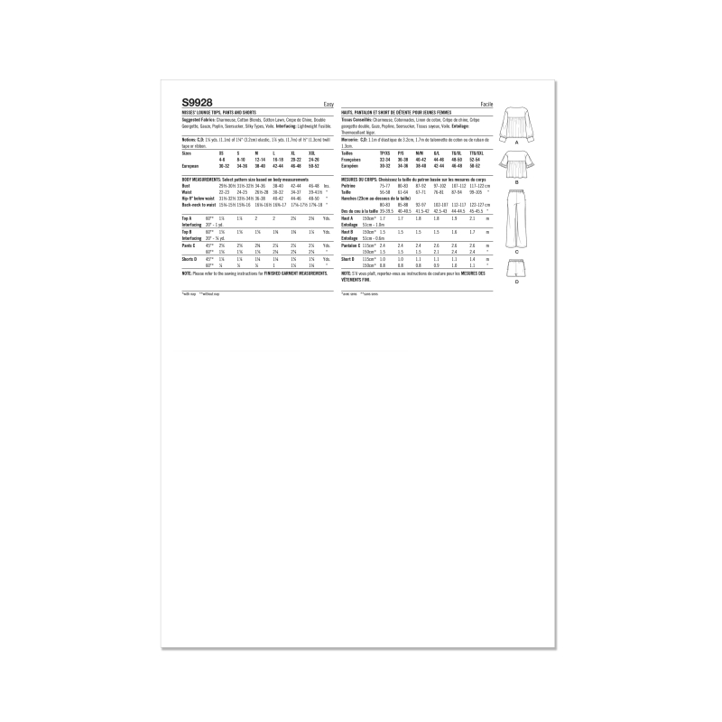 Patron Simplicity 9928.A (32-54) -  Ensemble détente : hauts, pantalons et shorts pour femme