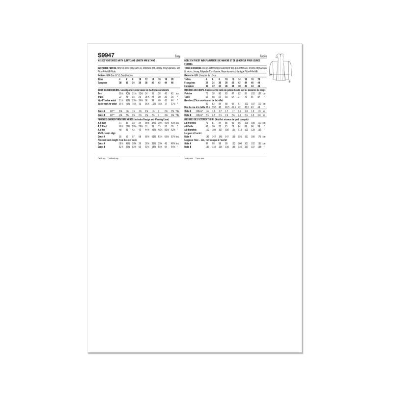 Patron Simplicity 9947.D5 (32-40) - Robe portefeuille en maille avec variations de manches et de longueur