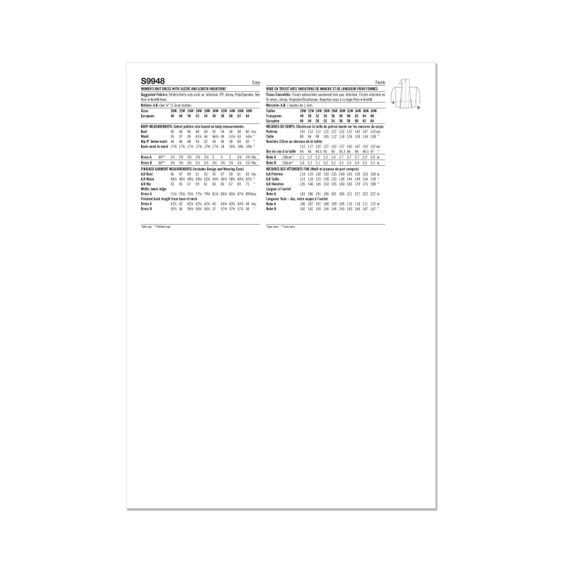 Patron Simplicity 9948.W2 (48-46) - Robe portefeuille en maille avec variations de manches et de longueur