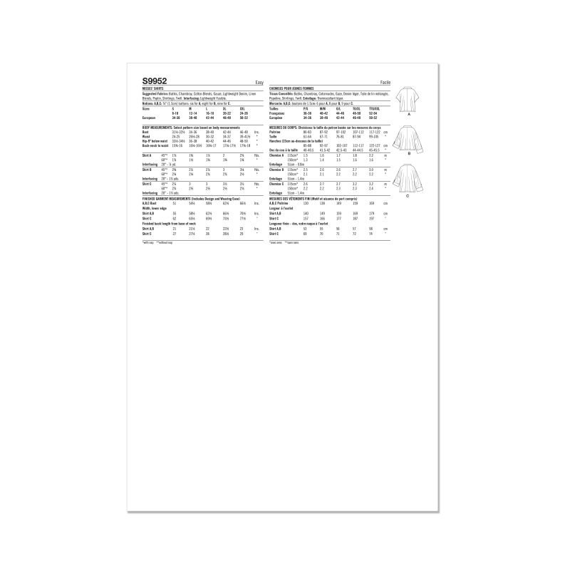 Patron Simplicity 9952.A (36-54) - Chemises amples pour femme avec options de col et de manches