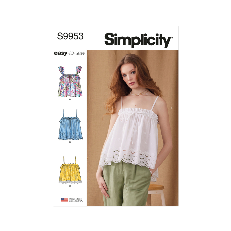 Patron Simplicity 9953.D5 (32-40) - Hauts pour femmes avec encolure élastiquée et options de volants