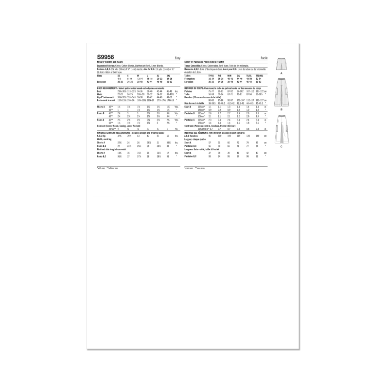 Patron Simplicity 9956.A (32-54) - Shorts et pantalons pour femmes à taille élastiquée et jambes larges