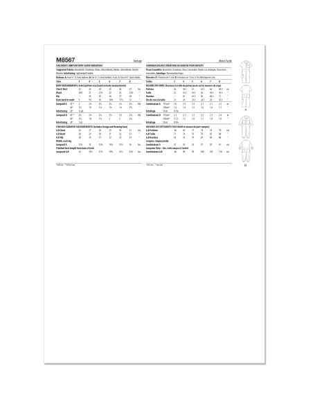 Patron McCall's 8567.A (3-9) - Combinaisons pour enfants avec variations de manches