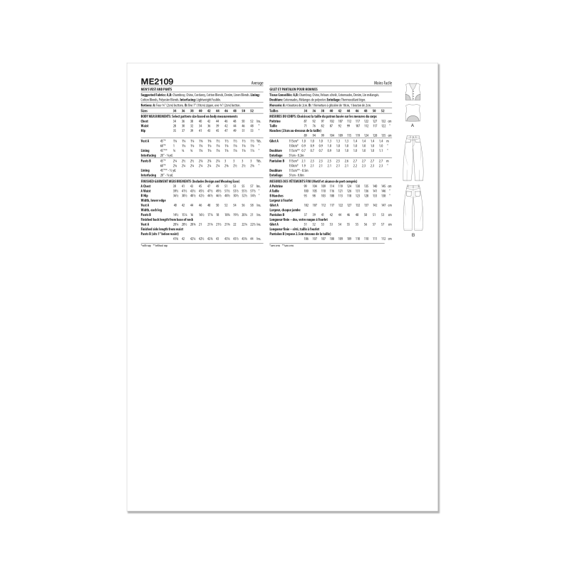 Patron KnowMe 2109.AA (46-54) - Gilet et pantalon pour homme