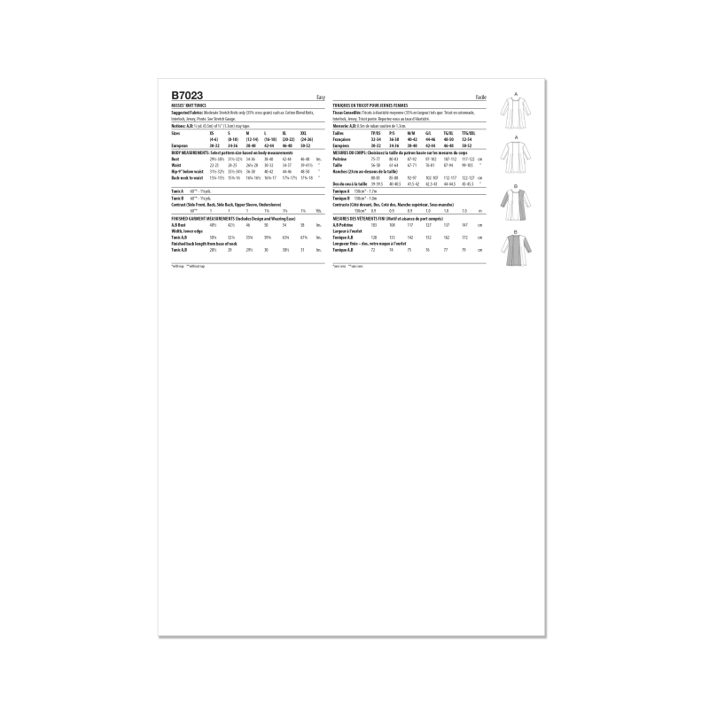 Patron Butterick 7023 A (32-54) - Tuniques amples à manches 3/4