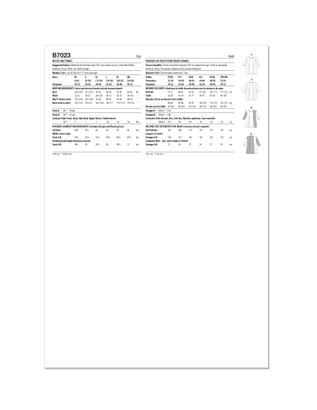 Patron Butterick 7023 A (32-54) - Tuniques amples à manches 3/4