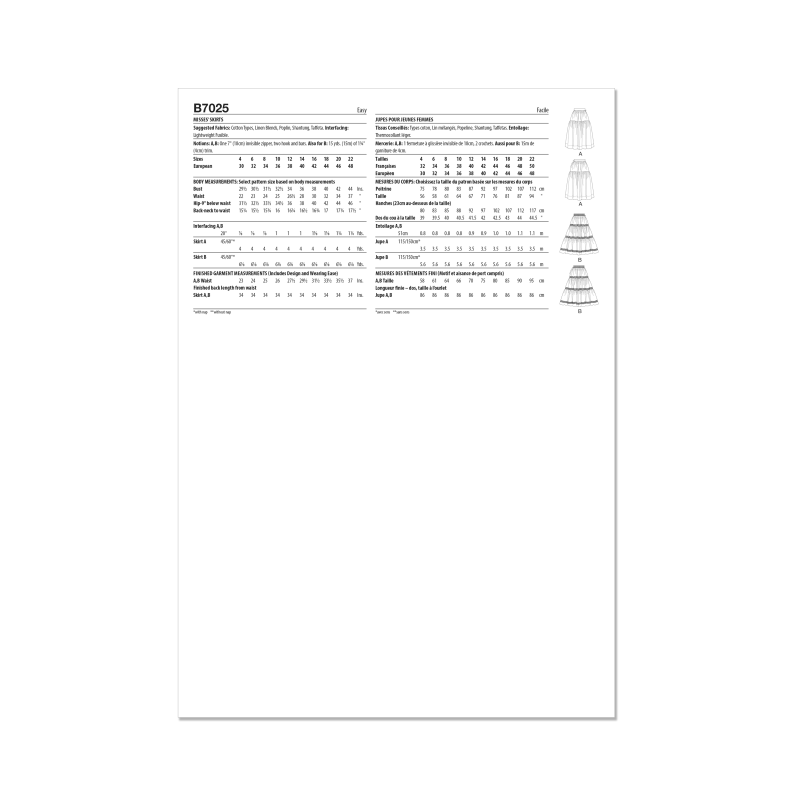 Patron Butterick 7025 R5 (42-50) - Jupes amples à volants