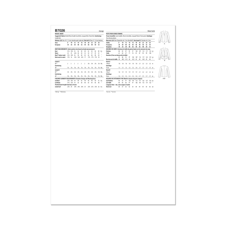 Patron Butterick 7026 Y5 (46-54) - Vestes à col châle et manches fendues