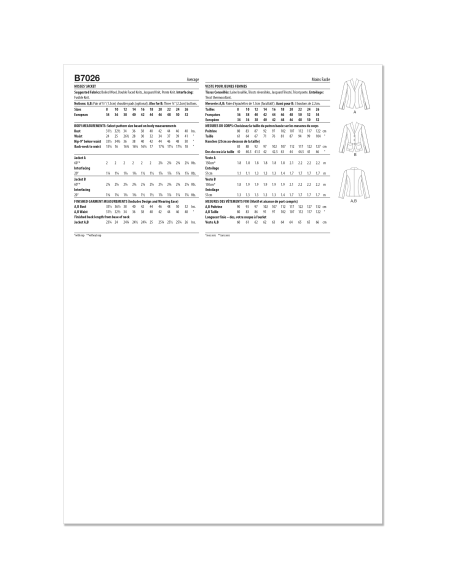 Patron Butterick 7026 Y5 (46-54) - Vestes à col châle et manches fendues