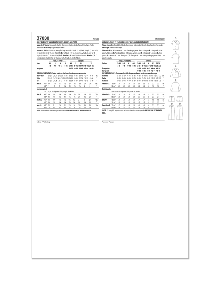 Patron Butterick  7030 A (5-16/32-50) - Chemises amples avec short et pantalon élastiqués