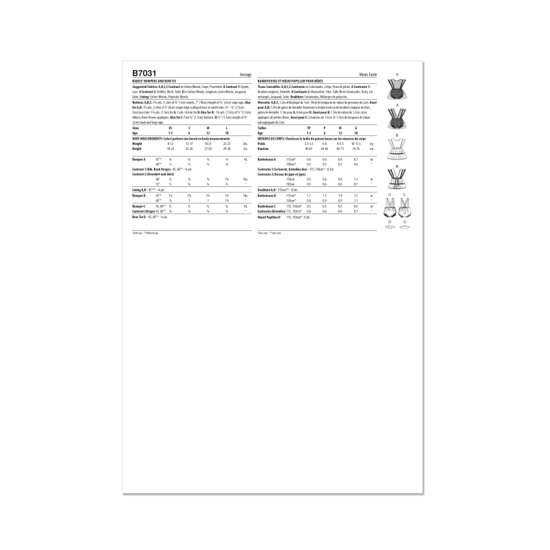 Patron Butterick  7031 A (1-18) - Barboteuses bébé avec nœud papillon assorti