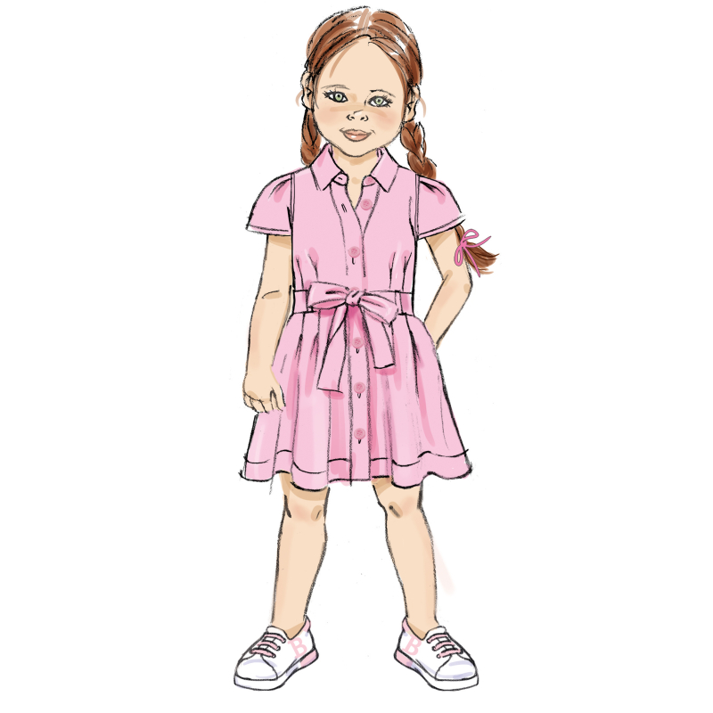 Patron Butterick 7033 A (3-8) - Robe boutonnée avec ceinture nouée assortie