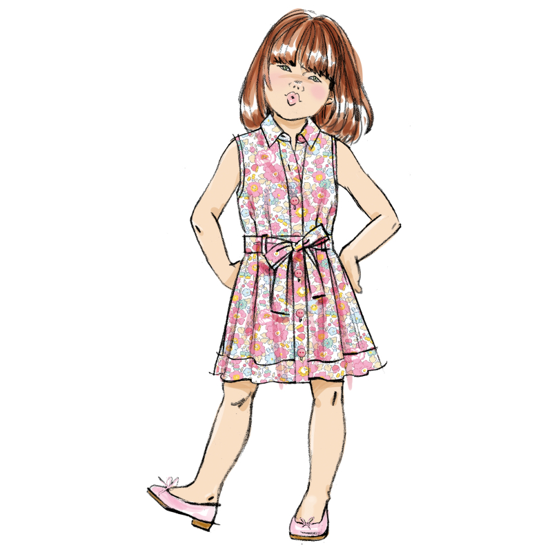 Patron Butterick 7033 A (3-8) - Robe boutonnée avec ceinture nouée assortie