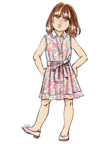 Patron Butterick 7033 A (3-8) - Robe boutonnée avec ceinture nouée assortie