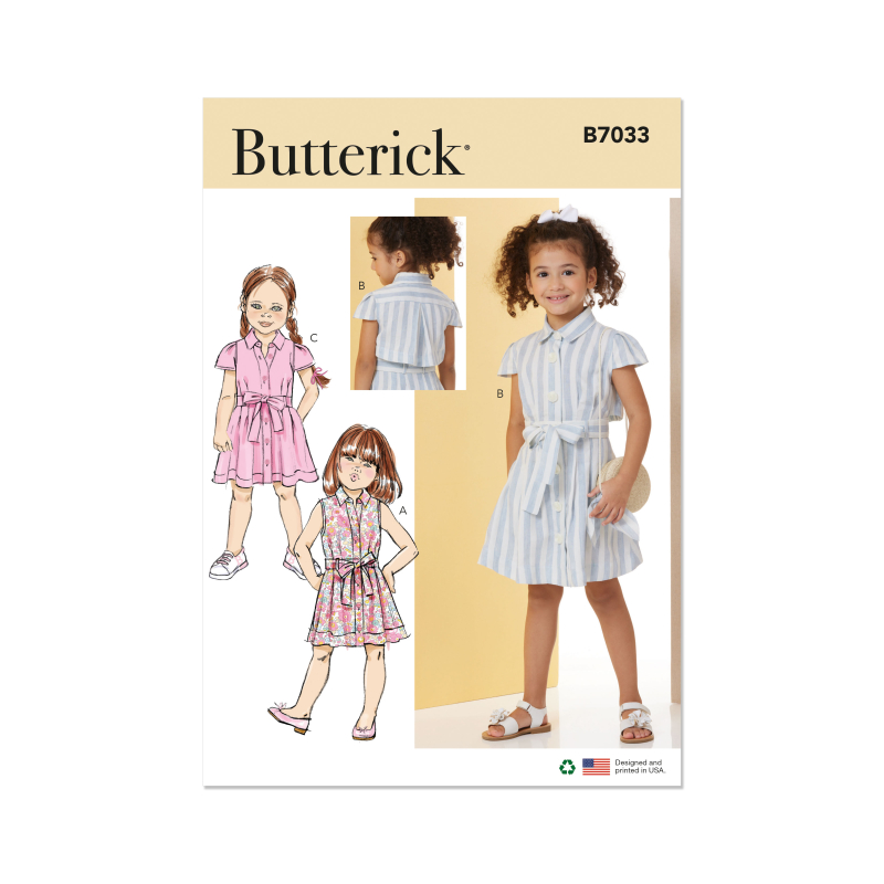 Patron Butterick 7033 A (3-8) - Robe boutonnée avec ceinture nouée assortie