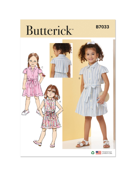 Patron Butterick 7033 A (3-8) - Robe boutonnée avec ceinture nouée assortie