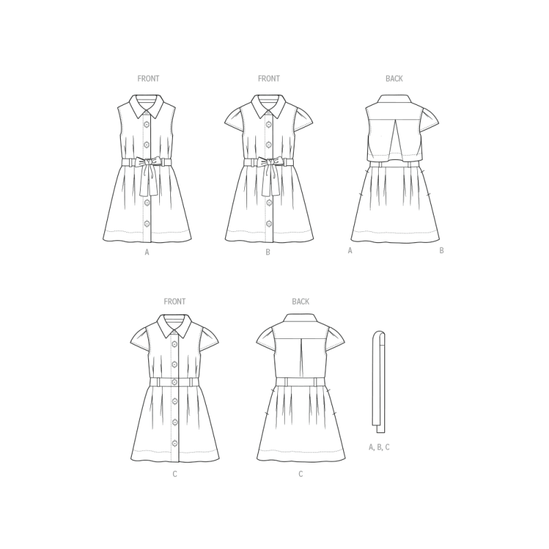 Patron Butterick 7033 A (3-8) - Robe boutonnée avec ceinture nouée assortie
