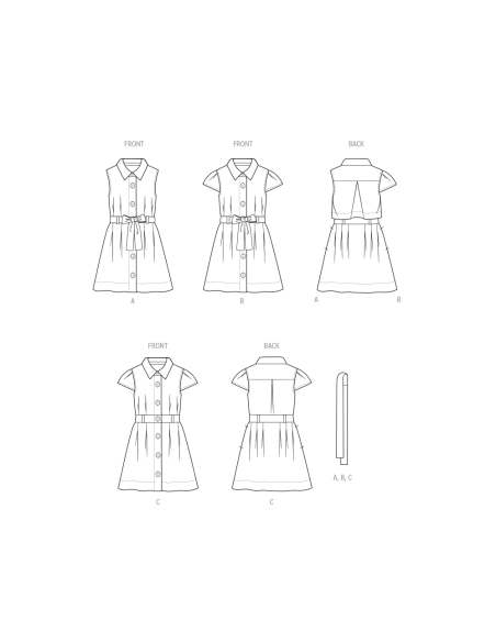Patron Butterick 7033 A (3-8) - Robe boutonnée avec ceinture nouée assortie