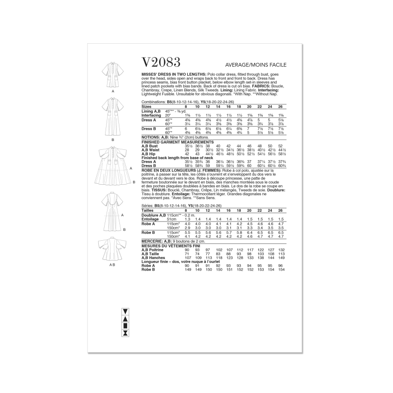 Patron Vogue 2083 Y5 (46-54) - Combinaison, robe et ceinture-écharpe vintage années 1980