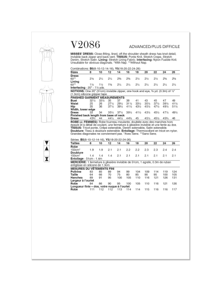 Patron Vogue 2086/Y5 (46-54) - Robe fourreau moulante à manches hors épaule