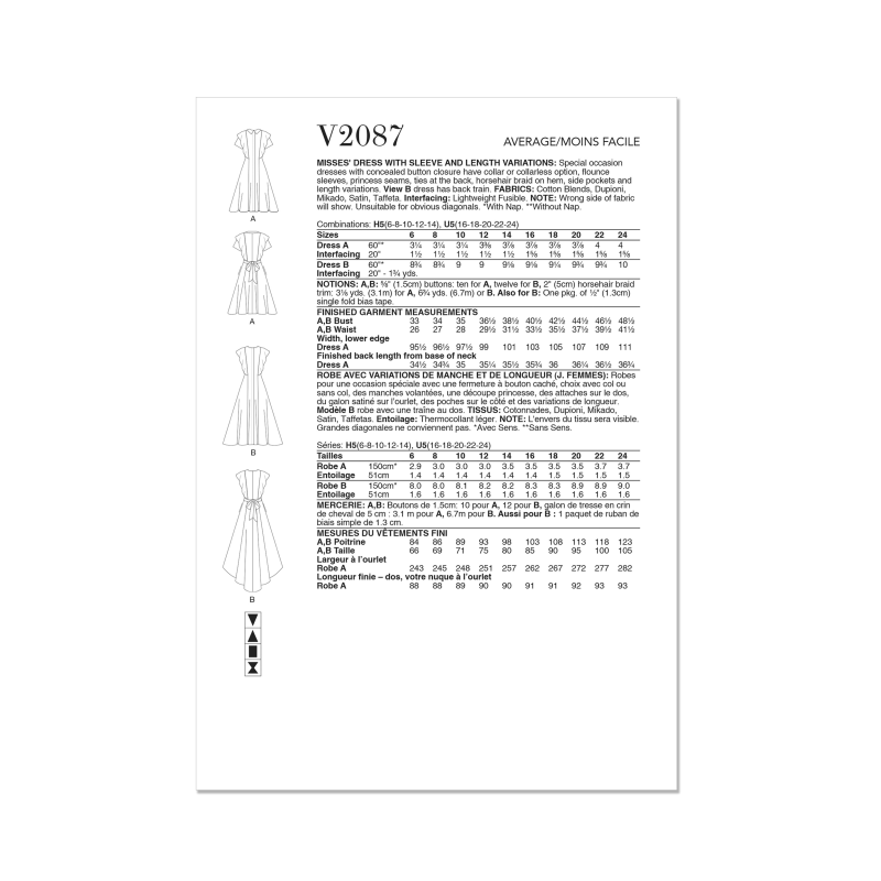 Patron Vogue 2087/H5 (34-42) - Robes à manches volantées pour occasions spéciales