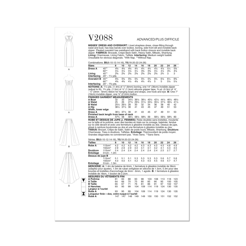 Patron Vogue 2088/B5 (36-44) - Robe bustier fendue et jupe plissée avec ceinture