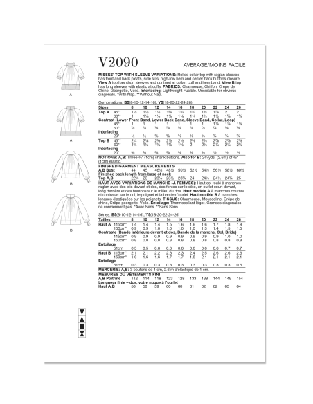 Patron Vogue 2090/Y5 (46-54) - Haut col roulé à plis et manches raglan