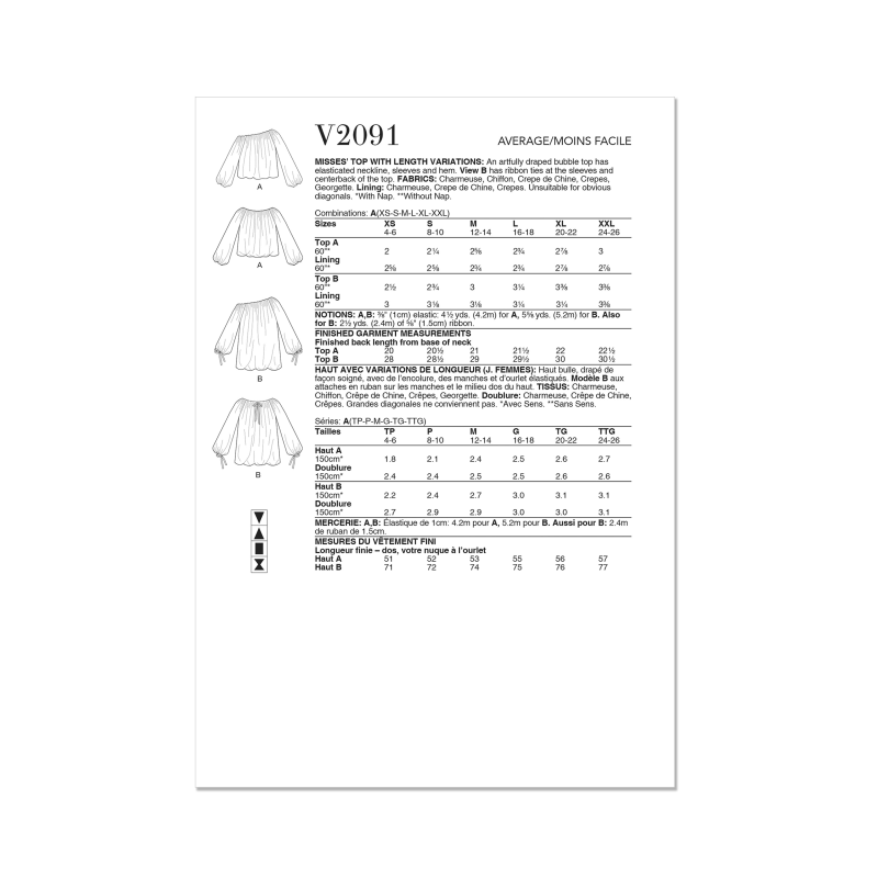 Patron Vogue 2091/A5 (32-54) - Haut bulle drapé à finitions élastiquées