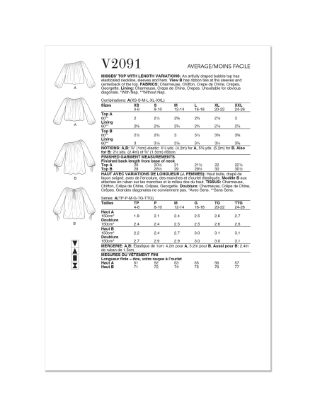 Patron Vogue 2091/A5 (32-54) - Haut bulle drapé à finitions élastiquées