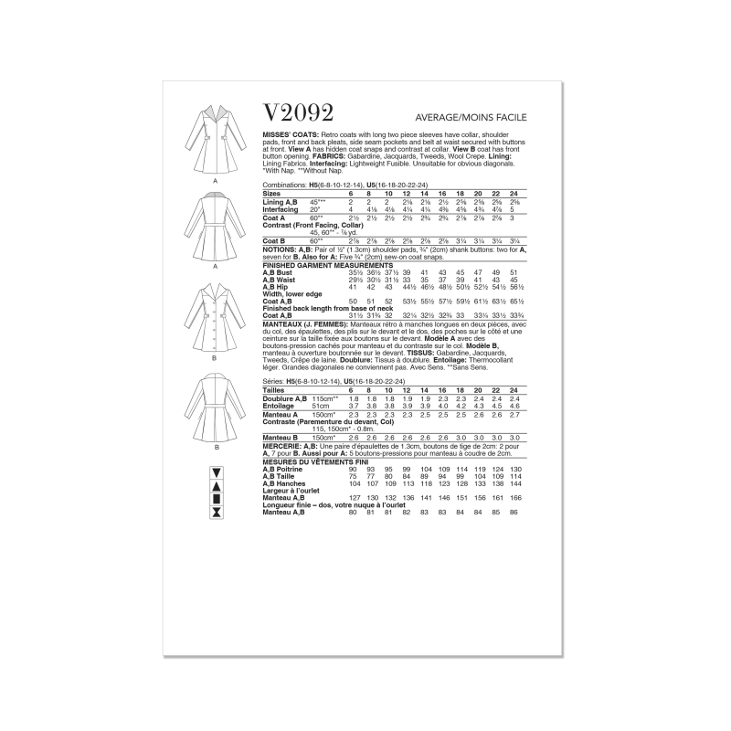Patron Vogue 2092/U5 (44-52) - Manteaux rétro ceinturés à manches longues