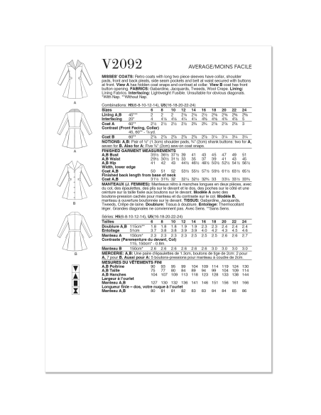 Patron Vogue 2092/U5 (44-52) - Manteaux rétro ceinturés à manches longues