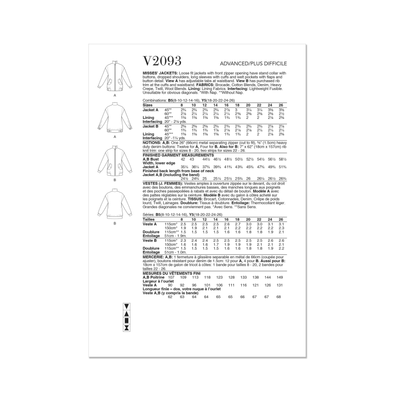 Patron Vogue 2093/B5 (36-44) - Vestes zippées à col droit et poches à rabats