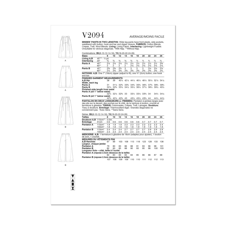 Patron Vogue 2094/B5 (36-44) - Pantalon à jambes larges avec plis et ceinture boutonnée