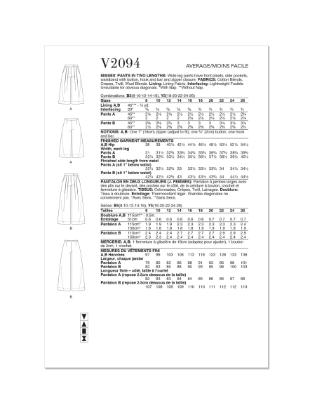 Patron Vogue 2094/B5 (36-44) - Pantalon à jambes larges avec plis et ceinture boutonnée