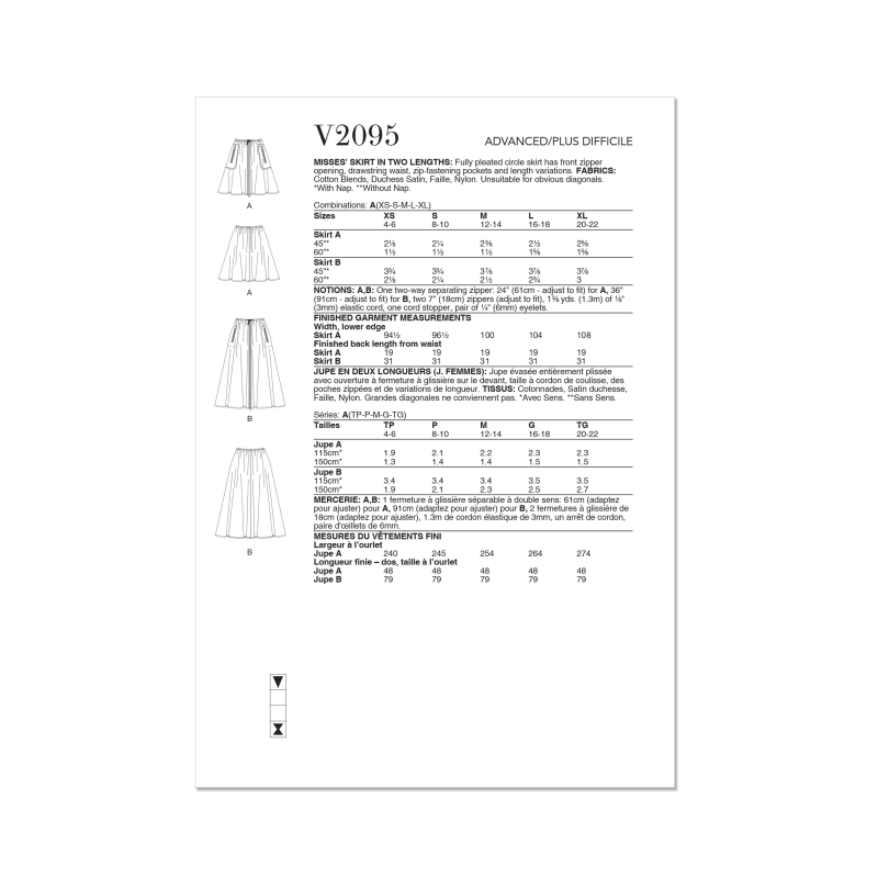 Patron Vogue 2095/A (36-50) - Jupe évasée plissée avec ouverture zippée et cordon