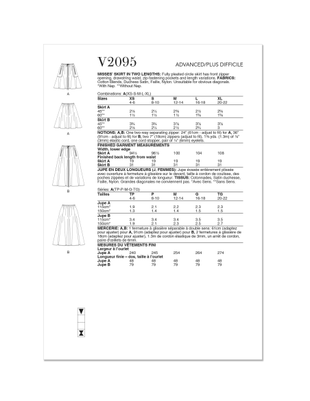 Patron Vogue 2095/A (36-50) - Jupe évasée plissée avec ouverture zippée et cordon