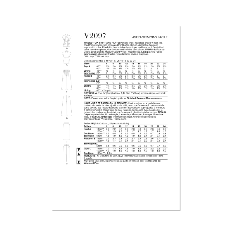 Patron Vogue 2097/U5 (44-52) - Ensemble haut col asymétrique, jupe ajustée et pantalon semi-ajusté