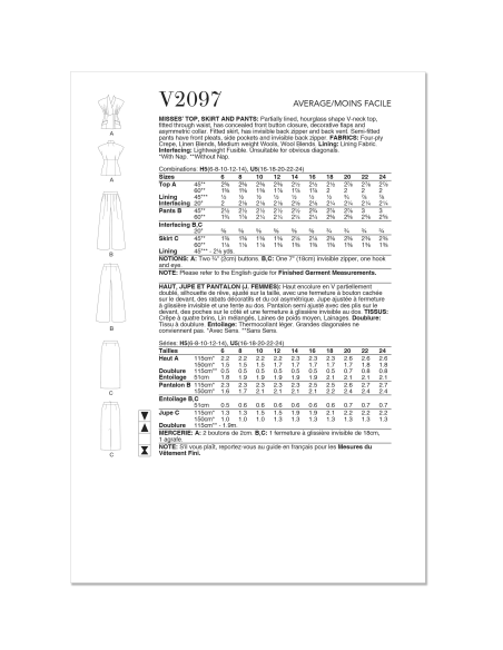 Patron Vogue 2097/U5 (44-52) - Ensemble haut col asymétrique, jupe ajustée et pantalon semi-ajusté