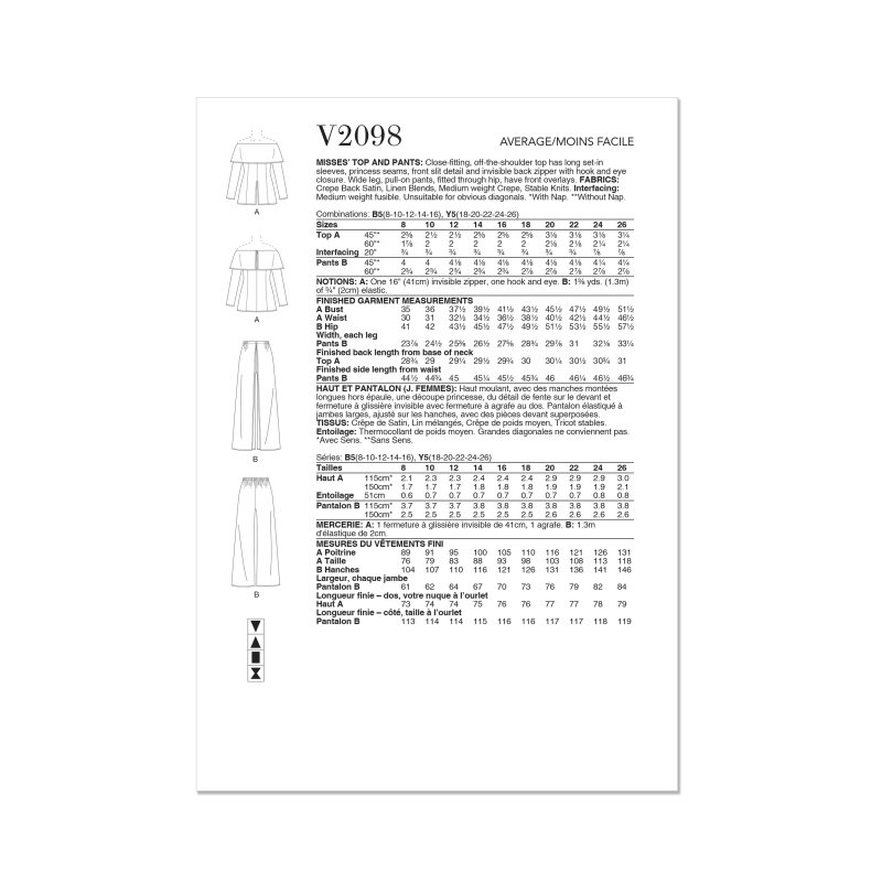 Patron Vogue 2098/B5 (36-44) - Haut moulant à manches hors épaule et pantalon à jambes larges
