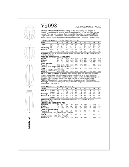 Patron Vogue 2098/Y5 (46-54) - Haut moulant à manches hors épaule et pantalon à jambes larges